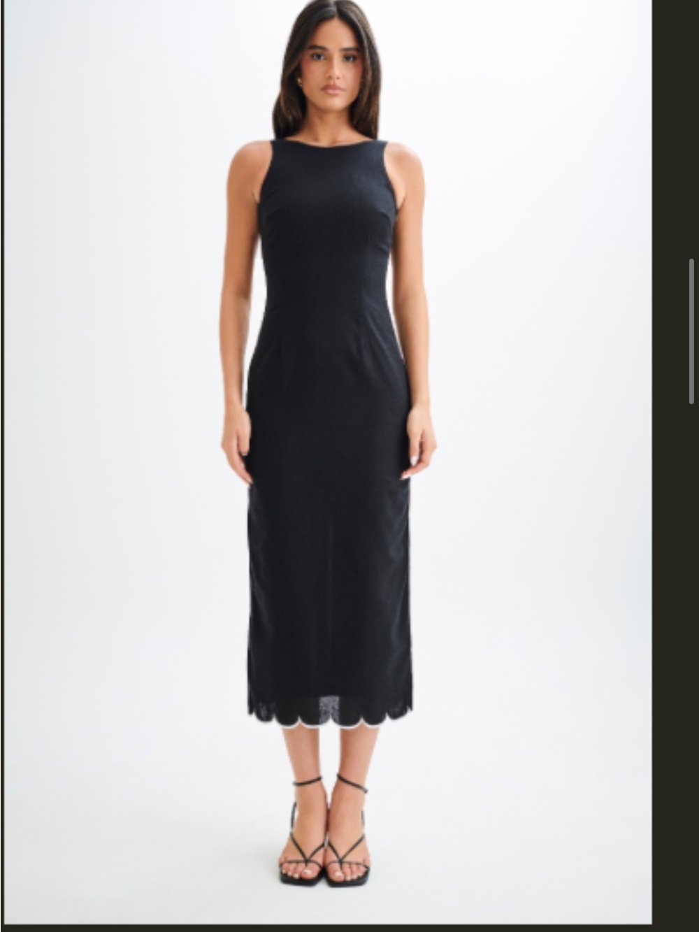 Meshki Black Sleeveless Midi Linen Dress with Scalloped Hem